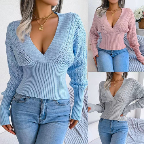 Damen Strickpullover mit tiefem V-Ausschnitt und strukturiertem Zopfmuster Drune