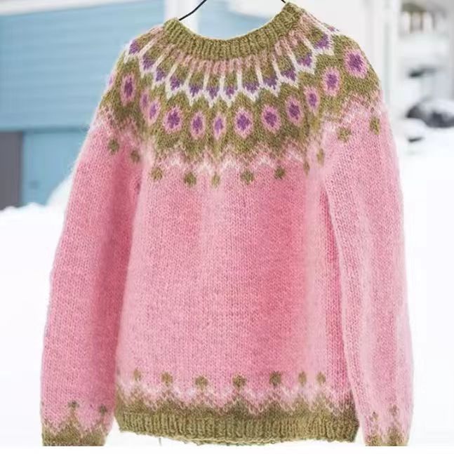 Damen nan melierter Rundhalsausschnittpullover mit kreisförmigem Jacquard-Yoke und geripptem Saum Drune
