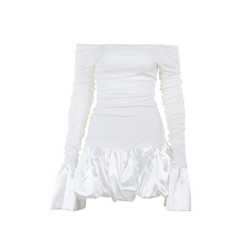 Damen Off-Shoulder Minikleid mit asymmetrischen Rüschendetails und transparenter Ärmeln Drune