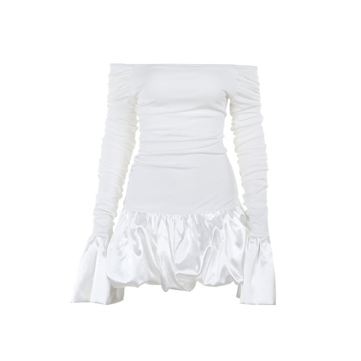 Damen Off-Shoulder Minikleid mit asymmetrischen Rüschendetails und transparenter Ärmeln Drune