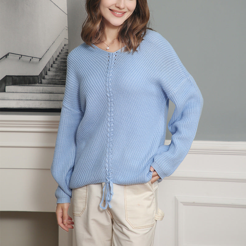 Damen Grobstrick Pullover mit attraktivem V-Ausschnitt und praktischen Kordeldetails Drune