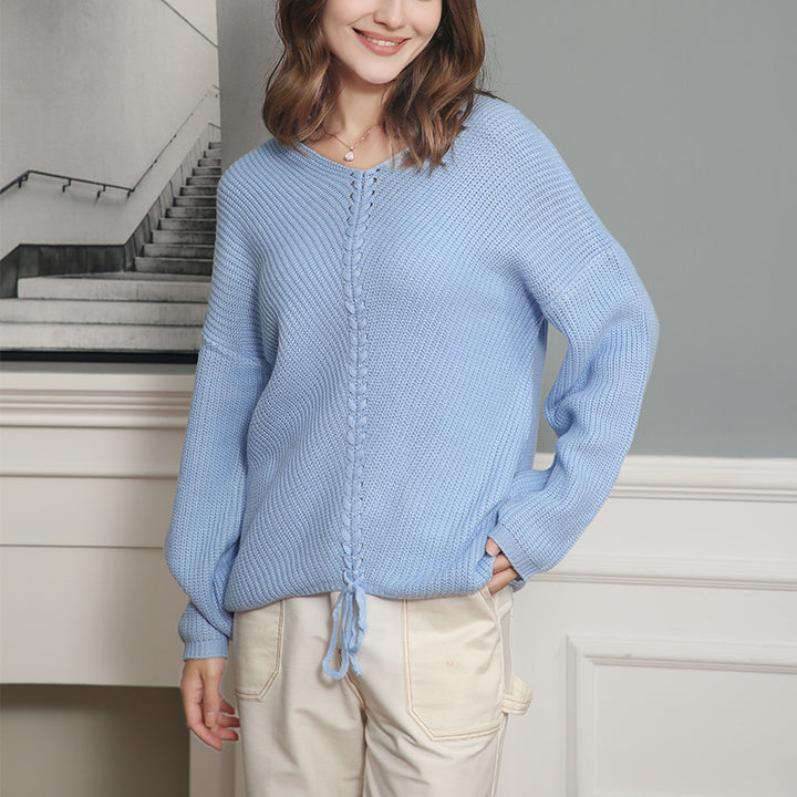 Damen Grobstrick Pullover mit attraktivem V-Ausschnitt und praktischen Kordeldetails Drune