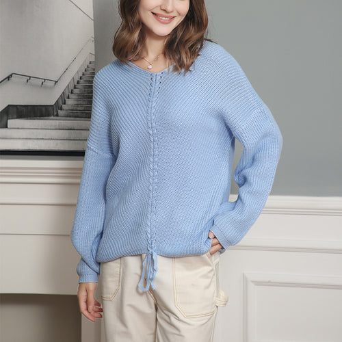 Damen Grobstrick Pullover mit attraktivem V-Ausschnitt und praktischen Kordeldetails Drune