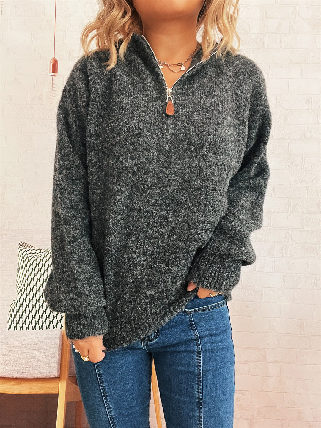 Damen kuscheliger Kapuzenpullover mit Zipper und modernem Rippdesign Drune