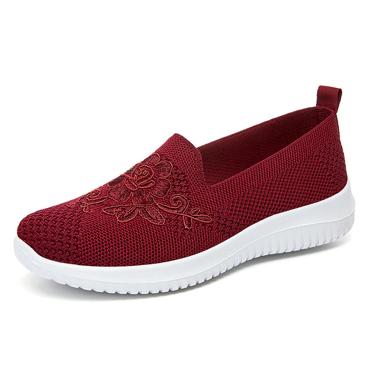 Damen nan eleganter Strick-Slipper mit floraler Stickapplikation, elastischem Einstieg und federleichter EVA-Laufsohle Drune