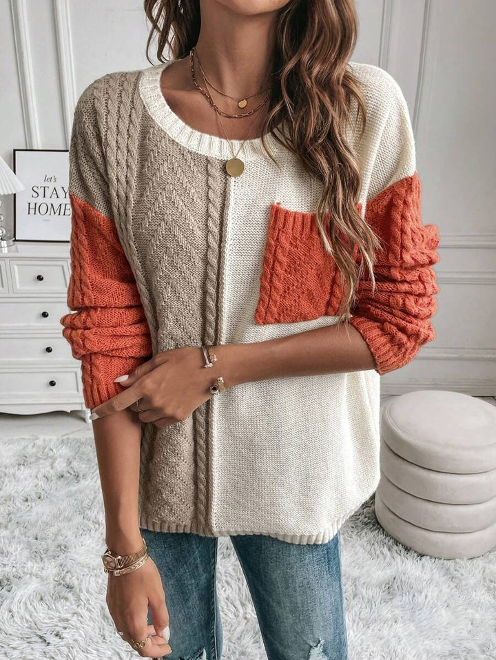 Damen Gemusterter Strickpullover mit bunten Kontrastärmel und Taschen Drune