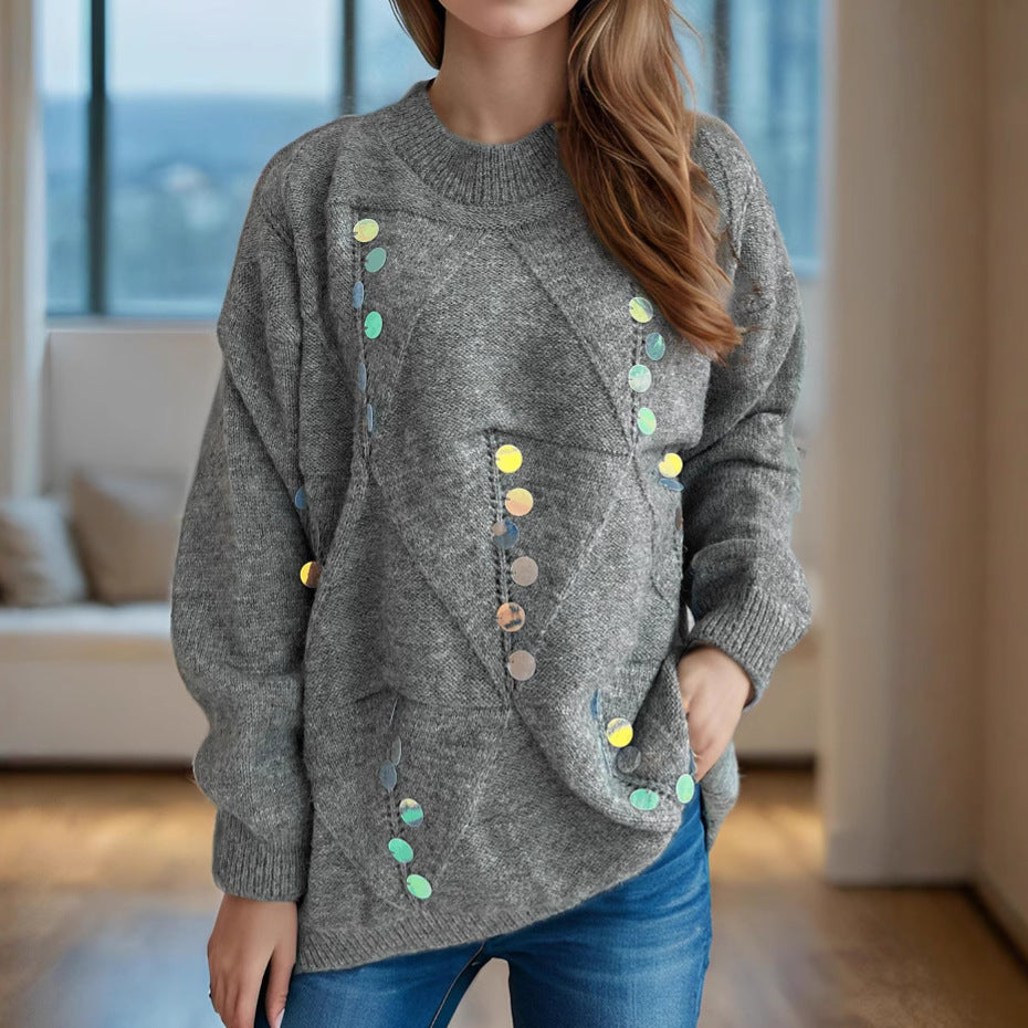 Damen lässiger Pullover mit dekorativen Pailletten und strukturiertem Maschenmuster Drune