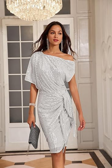 Damen Glitzerndes Wickelkleid mit asymmetrischem Schnitt und schimmernden Pailletten Drune