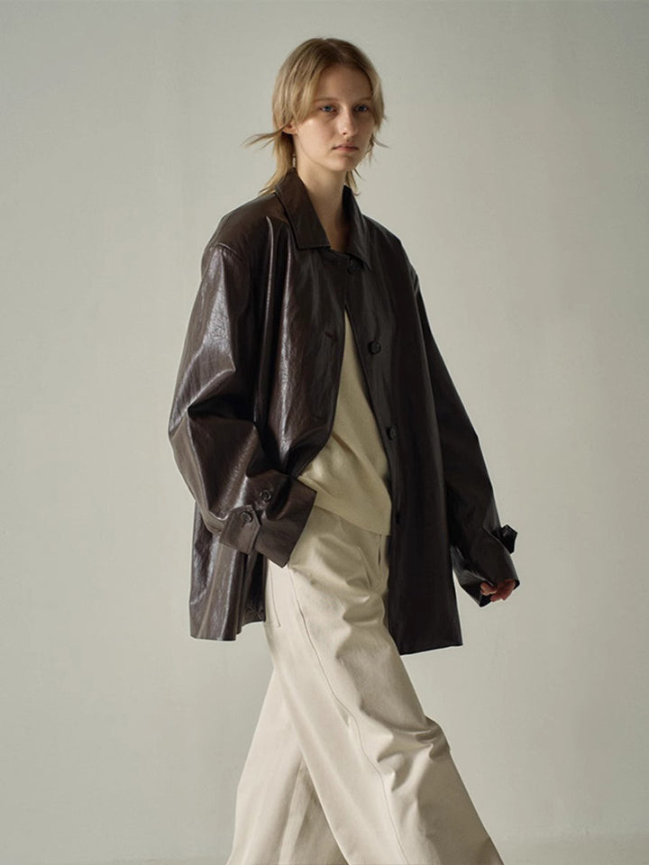 Damen Modische Kunstlederjacke mit übergroßem Schnitt Drune