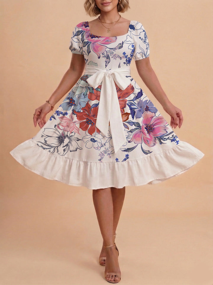 Damen Sommerliches Blumenkleid mit taillierbarem Gürtel und voluminösen Ärmeln Drune