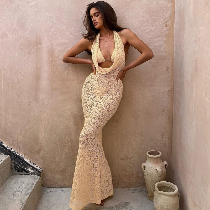 Damen Spitzen-Maxikleid mit halsfernem Halterdesign und figurbetontem Schnitt Drune