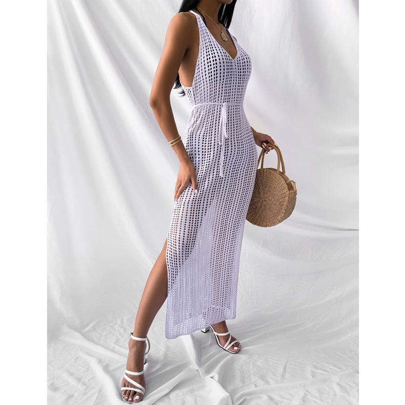 Damen gehäkeltes Maxikleid mit tiefem V-Ausschnitt und seitlichem Schlitz Drune