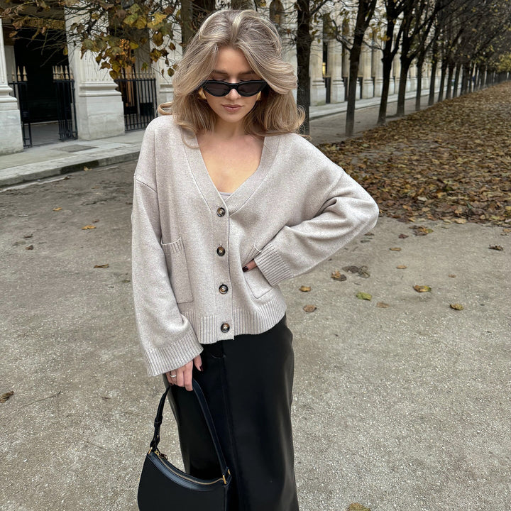 Damen lässige Strickjacke mit V-Ausschnitt und Knopfdetails Drune