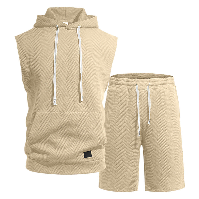 Herren nan ärmelloses Kapuzen-Lounge-Set aus strukturierter Baumwollmischung mit Kängurutasche und elastischer Freizeithose Drune