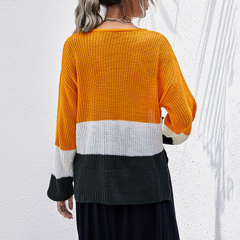 Damen lässiger Strickpullover mit modischen Blockstreifen und weitem Schnitt Drune