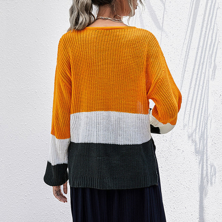 Damen lässiger Strickpullover mit modischen Blockstreifen und weitem Schnitt Drune