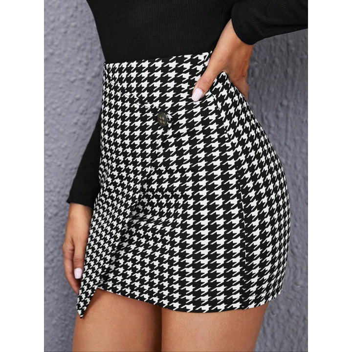Damen Hahnentritt-Muster Minirock mit asymmetrischem Saum und Knopfdetails Drune