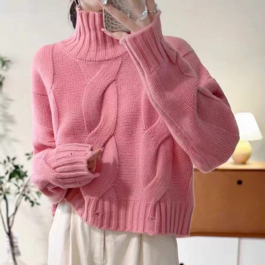 Damen Strickpullover mit hohem Kragen und Zopfmuster Drune