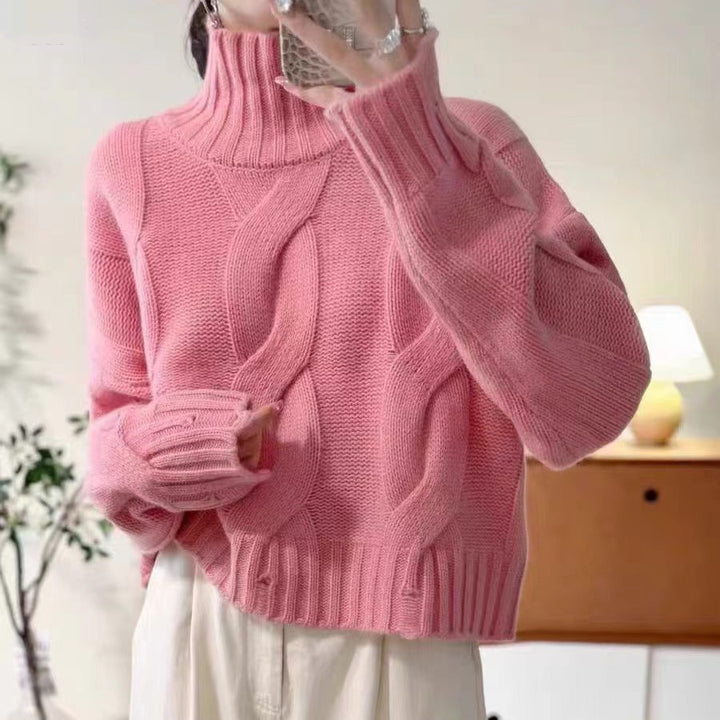 Damen Strickpullover mit hohem Kragen und Zopfmuster Drune