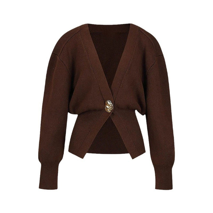 Damen modische Strickjacke mit tiefem V-Ausschnitt und eleganter Knopfleiste Drune