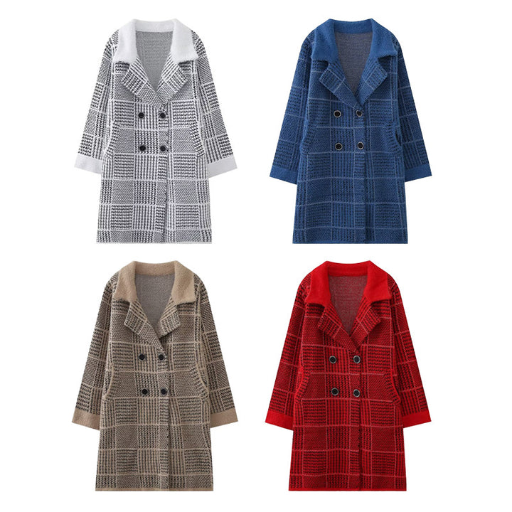Damen modische Übergangsjacke mit strukturiertem Karomuster und eleganter Knopfleiste Drune