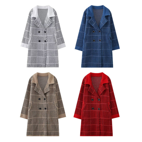 Damen modische Übergangsjacke mit strukturiertem Karomuster und eleganter Knopfleiste Drune