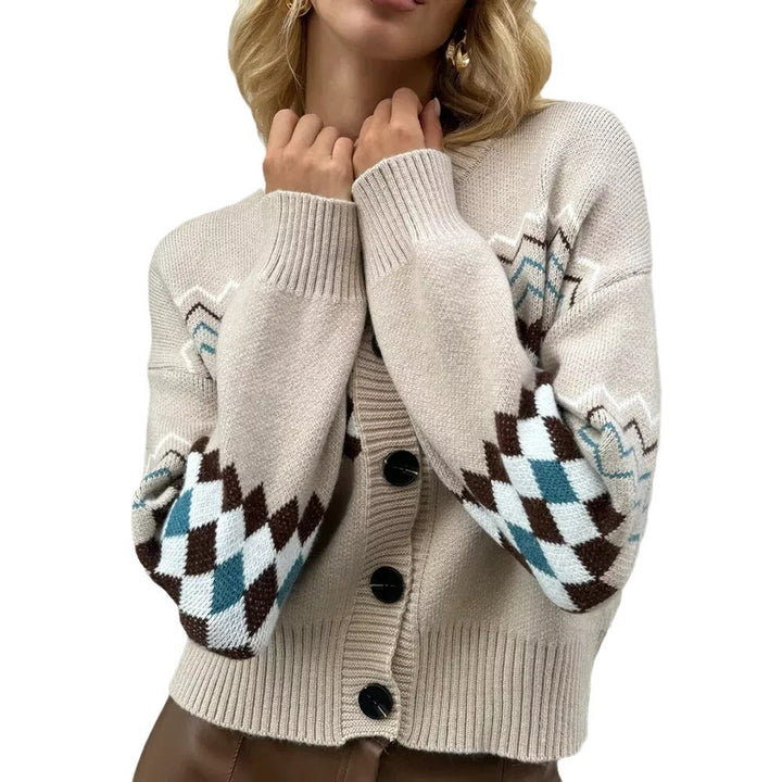 Damen Modischer Strickcardigan mit einzigartigem Karomuster und Knopfdetails Drune