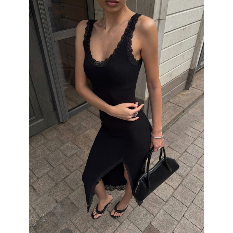 Damen Maxikleid mit Spitzenabschluss und hohem Schlitz Drune