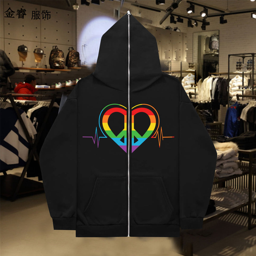 Damen sportlicher Kapuzenpullover mit buntem Herzmotiv und praktischen Taschen Drune
