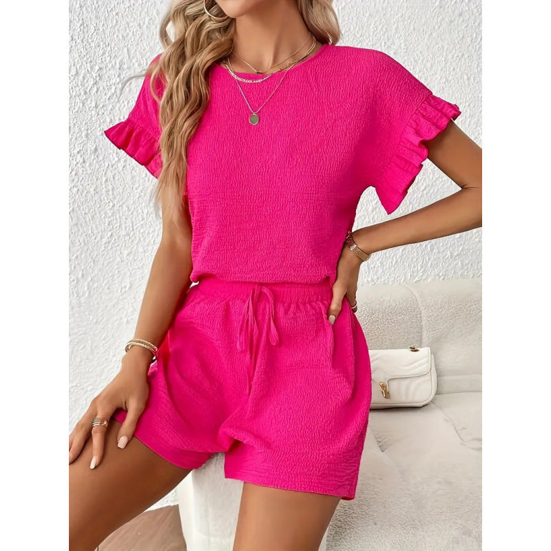 Damen lässiger Shortsanzug mit Rüschendetails und elastischem Taillenzug Drune