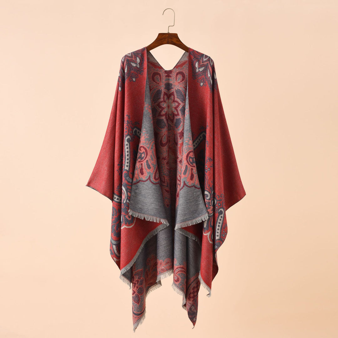 Damen Eleganter Kimono-Poncho mit kunstvollem Muster und fransigen Kanten Drune