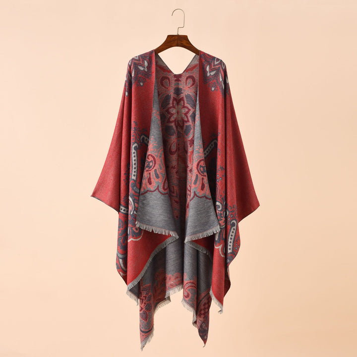 Damen Eleganter Kimono-Poncho mit kunstvollem Muster und fransigen Kanten Drune