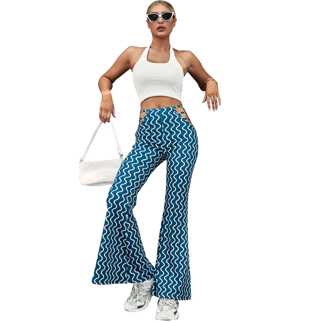 Damen High-Waist Schlaghose mit dekorativen Schnürdetails und Wellenmuster Drune