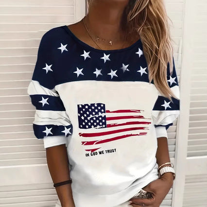 Damen lässiger Sweatshirt mit Sternen-Design und Flaggenmotiv Drune