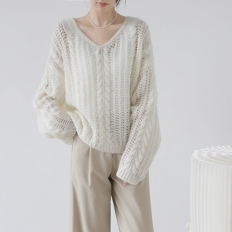 Damen Grobstrickpullover mit V-Ausschnitt und luftiger Struktur Drune