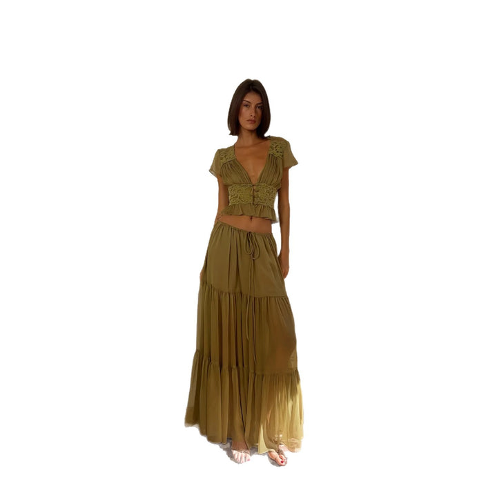 Damen Luftiges Maxikleid mit eleganten Rüschen und transparenter Optik Drune