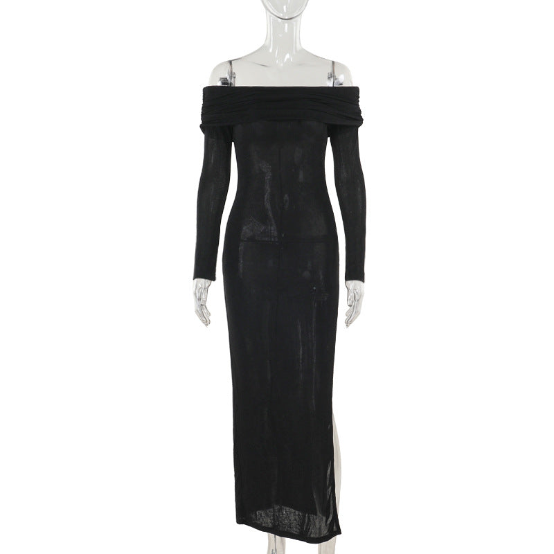 Damen schulterfreies Maxikleid mit eleganter Drapierung und transparentem Oberteil Drune