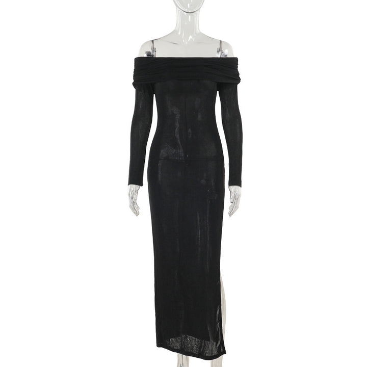 Damen schulterfreies Maxikleid mit eleganter Drapierung und transparentem Oberteil Drune