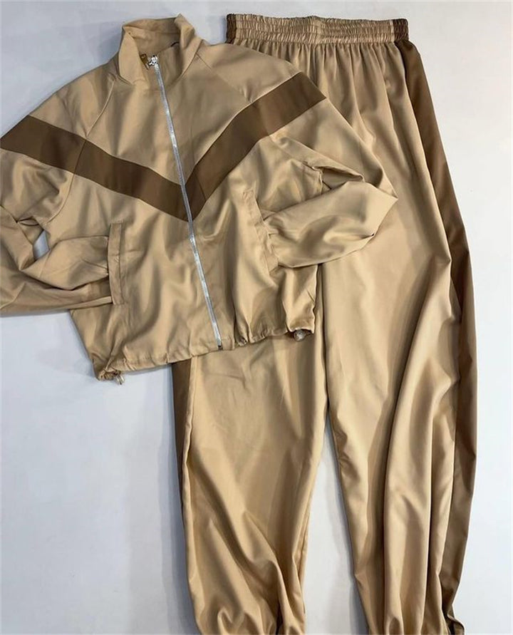 Damen nan Satin-Trackset mit Stehkragen, Chevron-Streifen und Kordelzug Drune