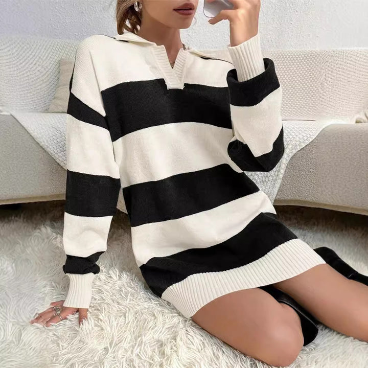 Damen Pullover-Kleid mit modernem Streifenmuster und detailreicher Knopfleiste Drune
