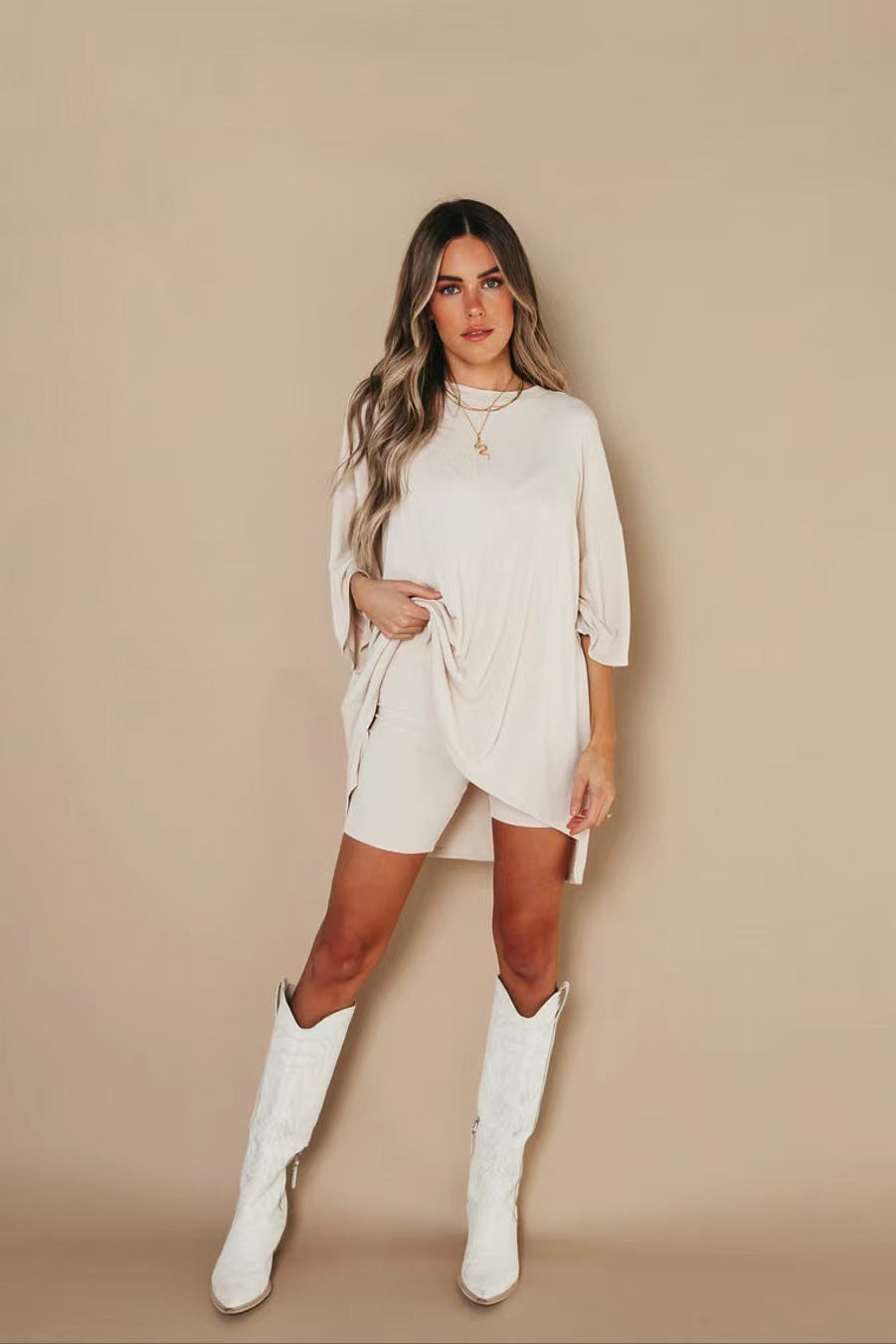 Damen bequeme Oversize-Bluse mit tiefem V-Ausschnitt Drune