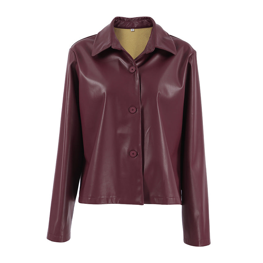 Damen Modische Kunstlederjacke mit klassischen Knopfdetails Drune