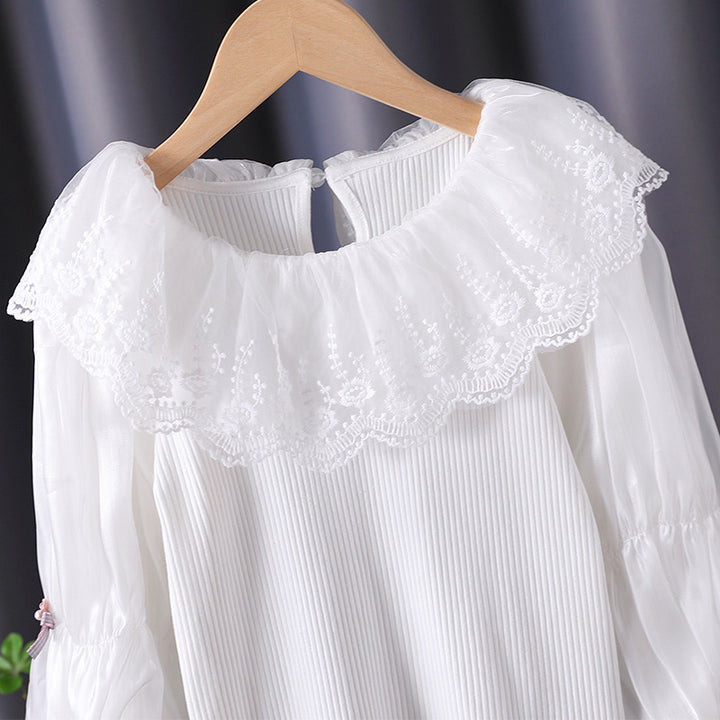 Damen elegante Bluse mit romantischem Spitzenkragen und Rüschendetails Drune