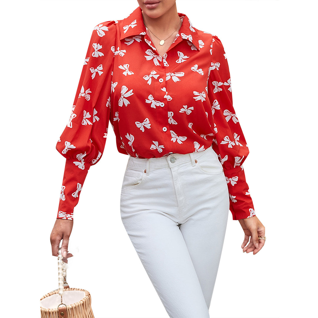 Damen elegante Bluse mit floralen Mustern und Puffärmeln Drune