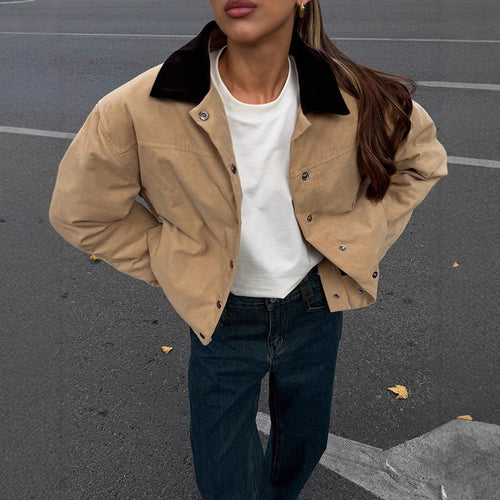 Damen modische Oversized-Jacke mit Samtkragen und Druckknopfverschluss Drune