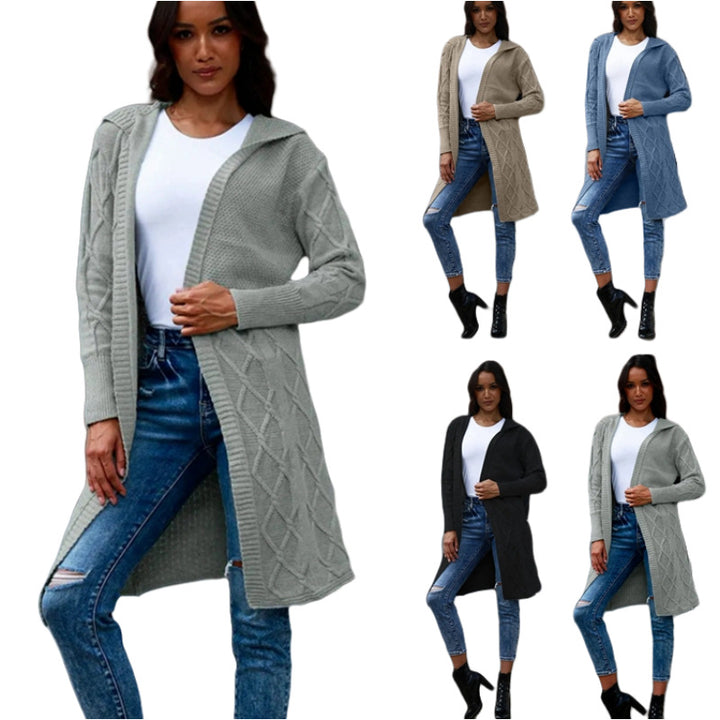 Damen Strickmantel mit Kapuze und dekorativem Zopfdesign Drune
