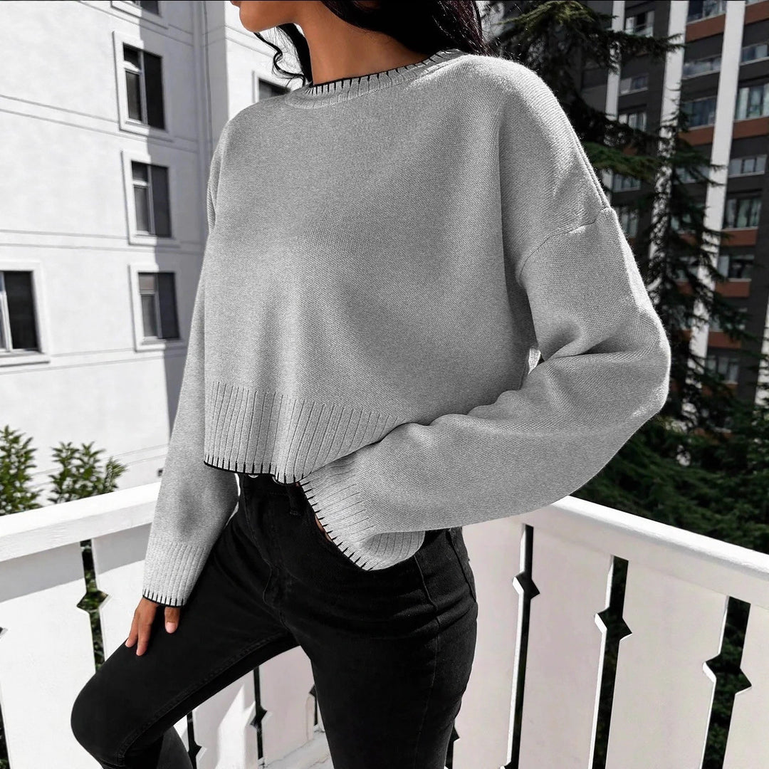 Damen lässiger Crop-Pullover mit strukturierten Säumen und Rundhalsausschnitt Drune