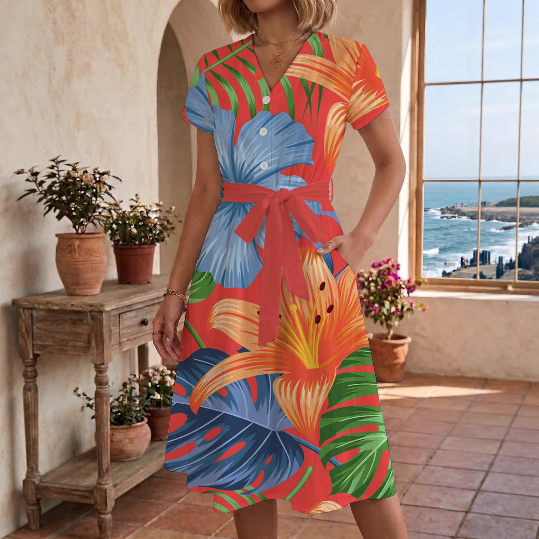 Damen Midi Kleid mit floralen Akzenten und tailliertem Schnitt Drune