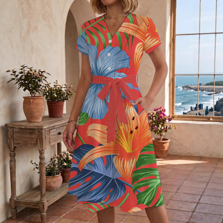 Damen Midi Kleid mit floralen Akzenten und tailliertem Schnitt Drune