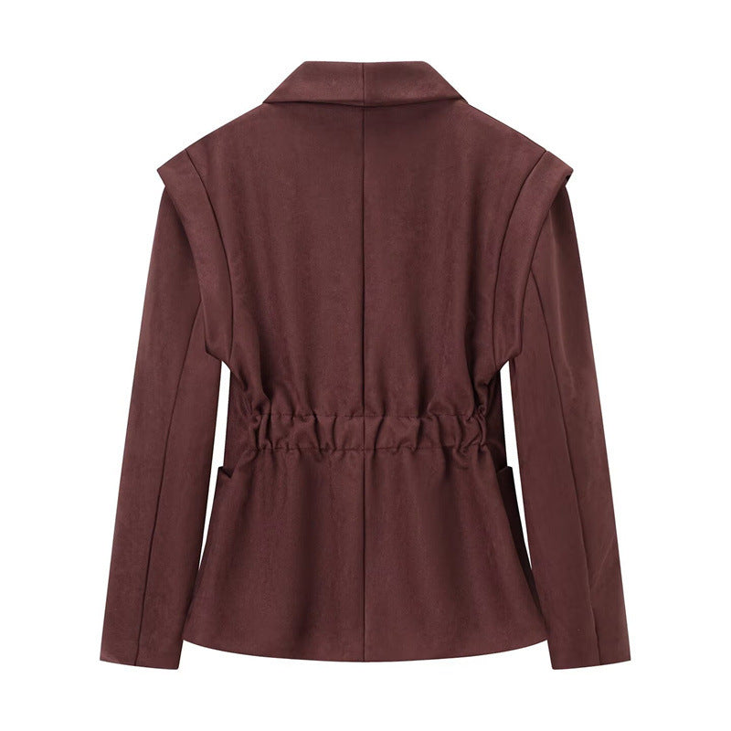 Damen elegante Wildlederimitatblazer mit tailliertem Schnitt und doppeltem Knopfverschluss Drune
